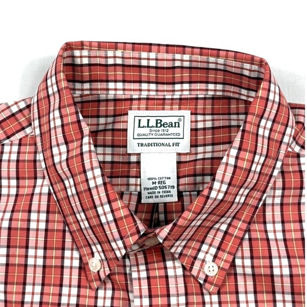 LL Bean Mens Traditional Fit Plaid Button Down Shirt Orange White Cotton M REG - Picture 2 of 6